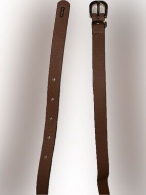 BEBE Brown Thin Leather Belt with Gold Buckle & Gold Bebe Emblem